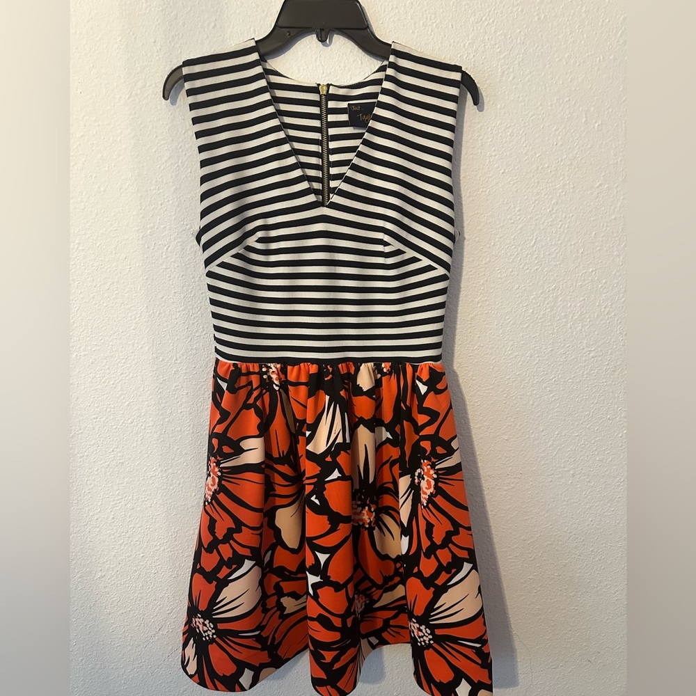 Just Taylor Black and White Striped Dress with floral skirt